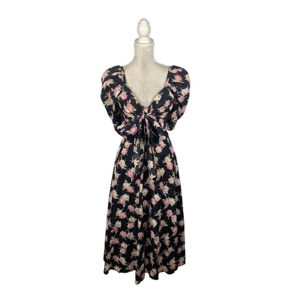 Eileen West Floral Midi Dress Puff Sleeve Bow Sweetheart Neck Cottage Prairie 10 - Picture 1 of 14